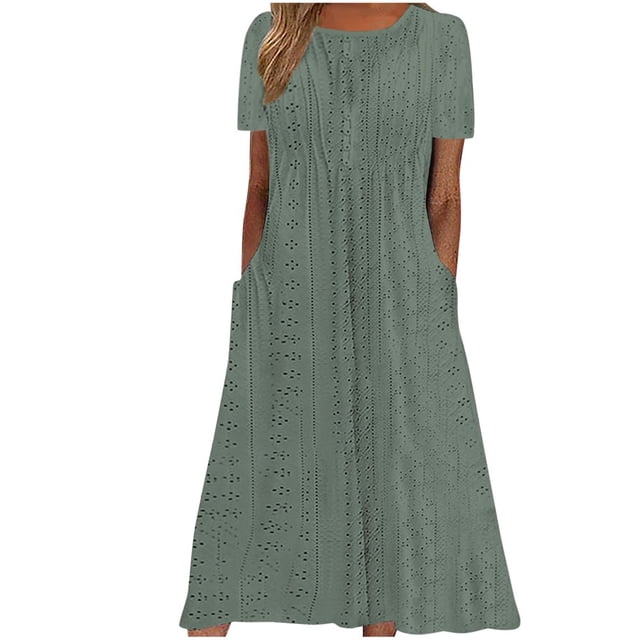 CHOK Robes de Cocktail pour Femmes 2024 Robe T-Shirt à Manches Courtes Décontractée en Coton Lin Longues Robes Col Rond Été Plage Robes d'Été avec Poches Vestidos Casuales pour Femme