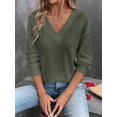 thumbnail image 5 of Women's Olive Green Ribbed Knit V-Neck Sweater Drop Shoulder Loose Fit Long Sleeve Pullover for Fall Winter Layering with Jeans Daily Outfits, 5 of 8