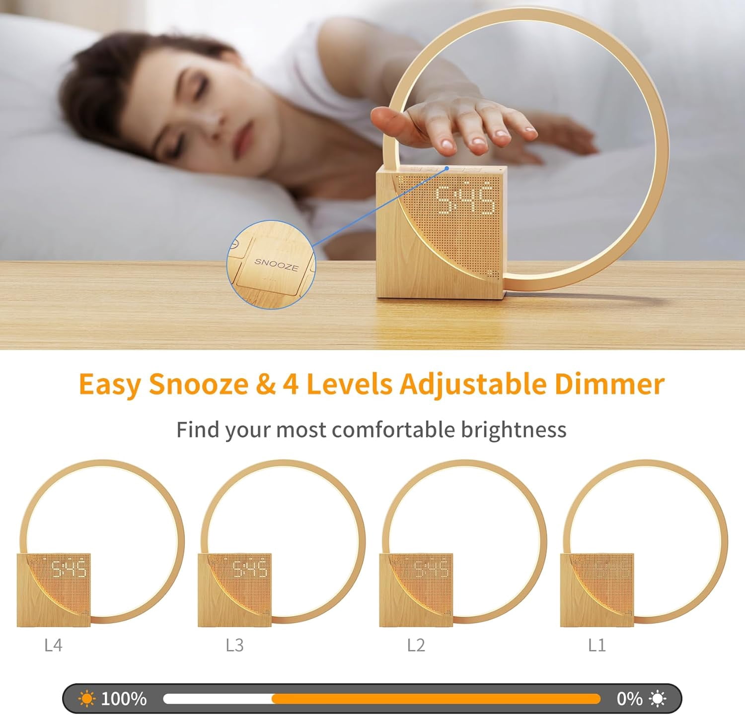 LED Bedside Lamp with Alarm Clock, USB Charging Ports, Touch Dimmable, Wake Up Light with Two Alarms, 10 Natural Sounds for Adults and Children, 3 Levels Brightness for Bedroom, Living Room, Office