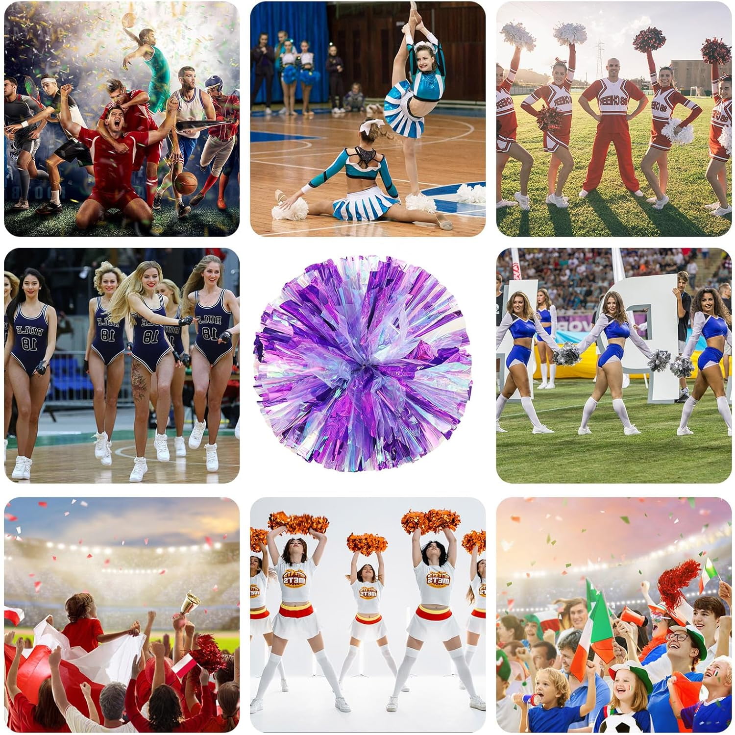 Cheerleader Pom Poms 24 Pack Sports Dance Cheering Plastic Metallic Cheerleading Pom Poms for Kids Adults-Ring Style