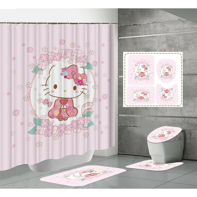 Rideau de Douche Kawaii Hello Kitty Ensemble Quatre Pièces Kit Anime Sanrio Impression Rideau de Douche Tapis Coussinet en U Imperméable Neuf LS