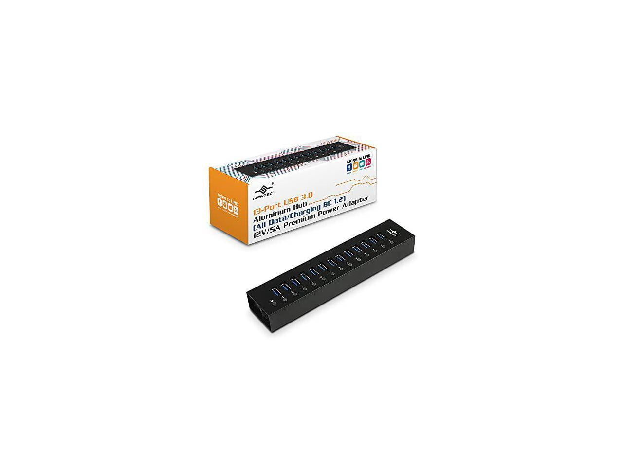 vantec 13-port usb 3.0 hub, aluminum, full powered, mountable, with all ports data & charging up to 1.5a, bc 1.2, premium 12v/5a power adapter (ugt-ah131u3-bk)
