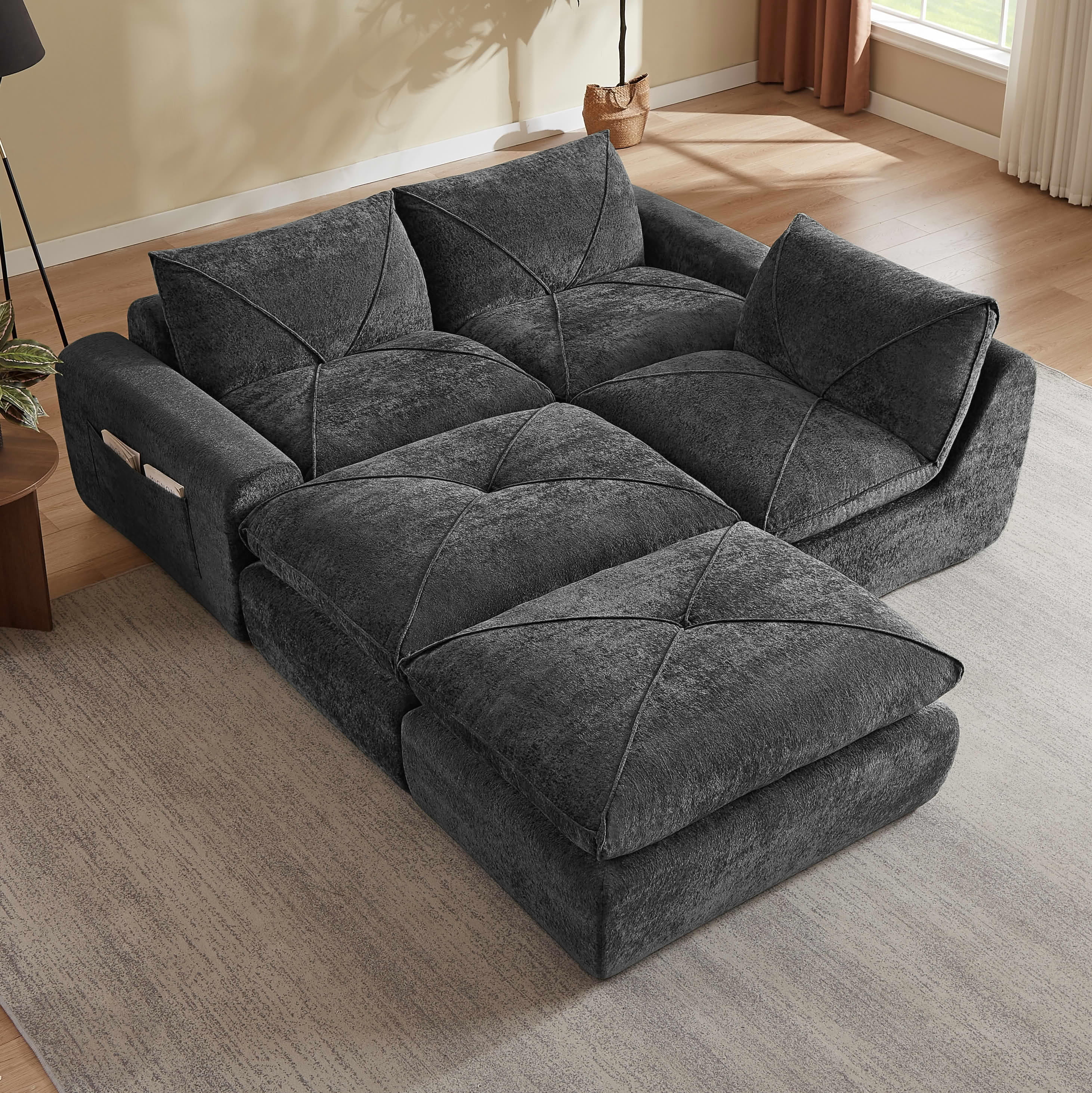 MAYEERTY 119" Dark Gray Chenille U-Shaped Modular Sectional Sofa, Spring Support for Living Room Apartment