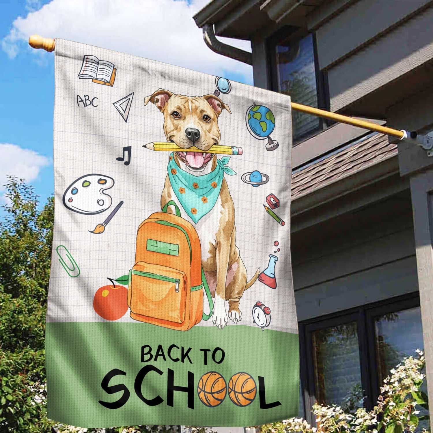Hardworking Pitbull Ready Back to School New Year Classes House Flag 28x40in Double Sided Terrier Dog Lover Outdoor Decor - 12011