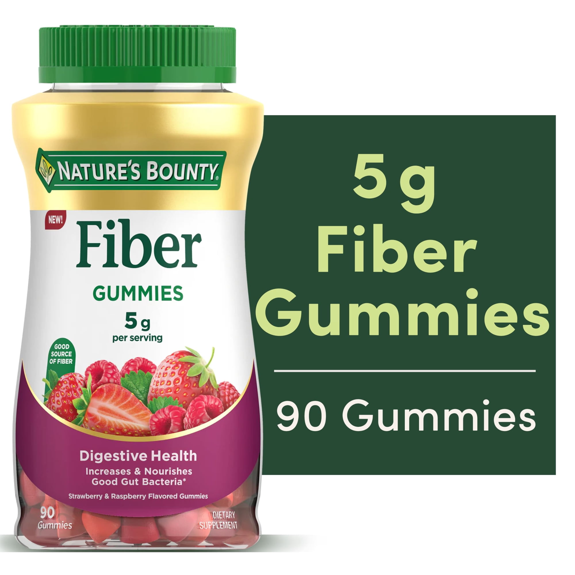 Nature's Bounty Fiber Gummies, 5g Prebiotic Fiber, Digestive Support, Fiber Blend, Strawberry & Raspberry Flavor, 90 Count