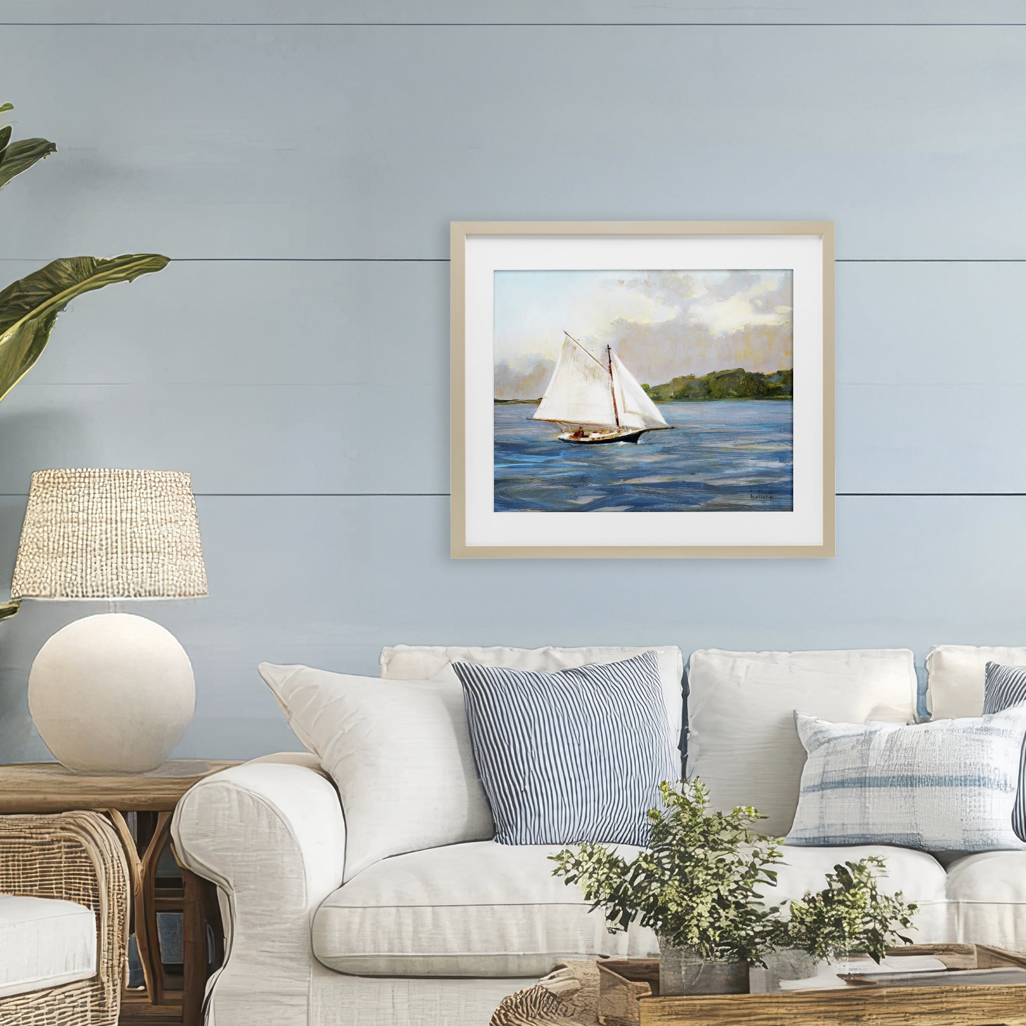 Stupell Industries White Sailboat on Calm Blue Sea Birch Framed Print Under Glass, design by Katie Swatland