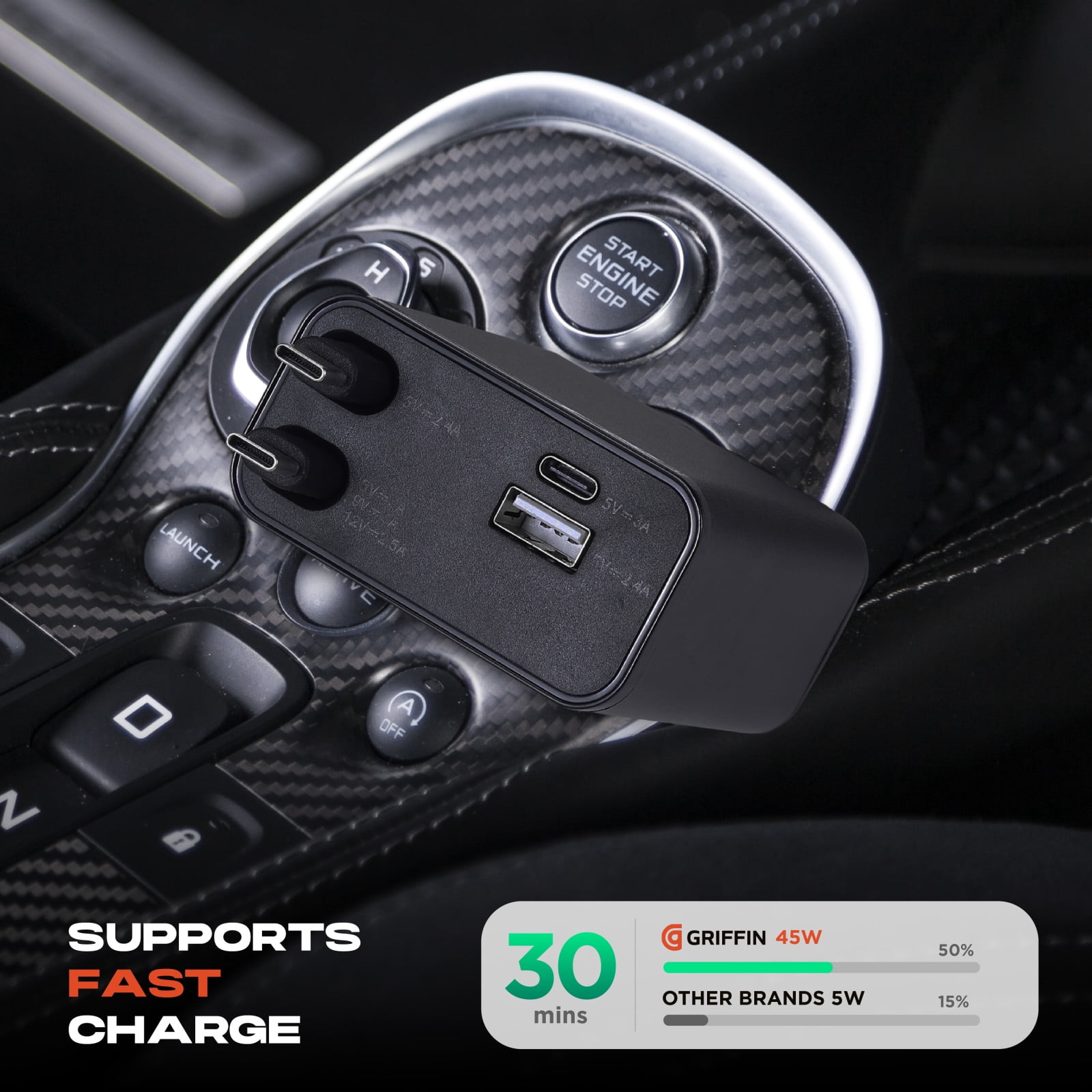 Griffin PowerJolt® 4-in-1 Travel Car Charger with Retractable USB-A & USB-C Cables, 45W Max Output, Fast Charging, Universal Compatibility, Quick Charge for iPhone, Android, and USB Devices