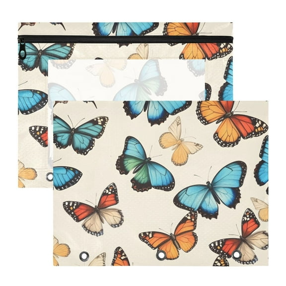 Butterflies with Beautiful Colors 3-Ring Binder Pouches A4 Size Zipper Pocket File Storage 2 Packs