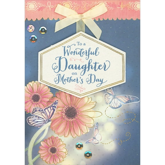 Designer Greetings Monarch Butterflies, Pink Flowers, 3D Banner, Ribbon and Sequins on Blue Background Hand Decorated Mother's Day Card for Daughter