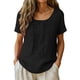 thumbnail image 1 of Craaazy Women Casual Loose Fit Blouse, Solid Color Short Sleeve Cotton Linen Top, Comfy Round Neck Embroidered Tunic for Daily Wear Gifts, 1 of 8
