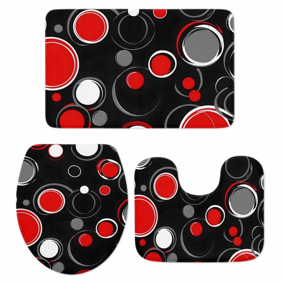 Abstract Red Bathroom Rugs Set Black Grey Circle Modern Geometric Art Non Slip Absorbent Soft Bath Mats 3 Piece Set with Bathroom Rug, U-Shaped Floor Mat, Toilet Seat Cover Large Size