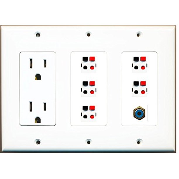 RiteAV (3 Gang 15A Power Outlet RCA Blue 5 Speaker Jack Wall Plate