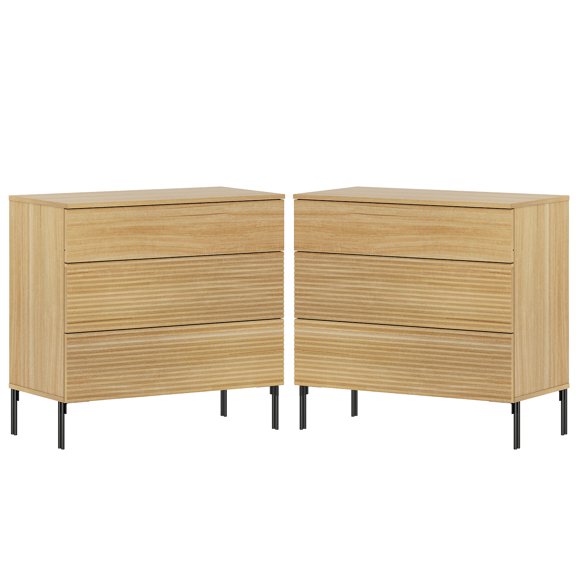 Modern Minimalist Wood Nightstand Set of 2 with 3 Drawers ,31.5" Large End Table,Reeded Design Bedside Table for Bedroom, Living Room,Entryway