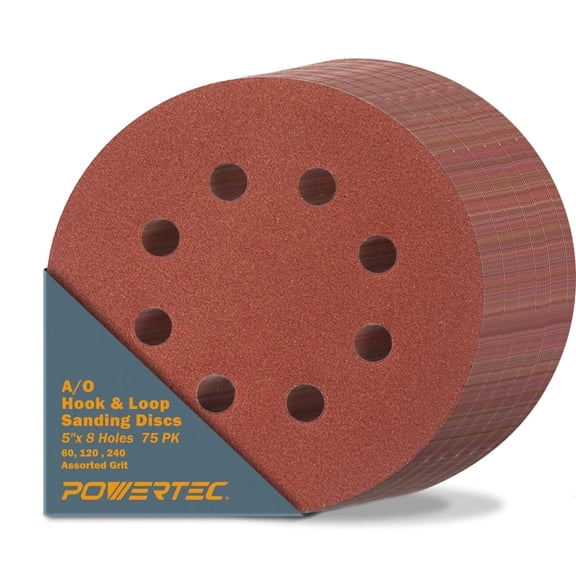 POWERTEC 75PK, 5 Inch 8 Hole Hook and Loop Sanding Discs, 60/120/240, Assorted Grits Sandpaper for Random Orbital Sanders, 45053