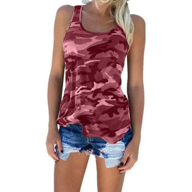 Débardeur Sans Manches Camouflage Chemise Ronde d'Été Débardeur Col Camouflage Femme Haut d'Été, Rouge Vin, 3TG