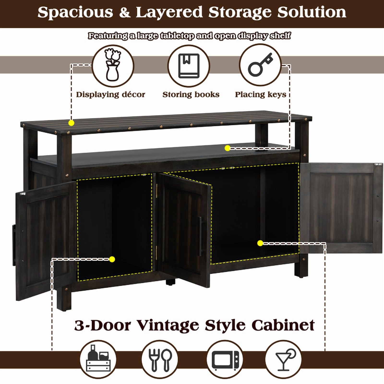 Mid-Century Modern 3-Door Buffet Sideboard Console Table with Nailhead Trim, 2-Tier Open Shelving Coffee Bar Storage Cabinet