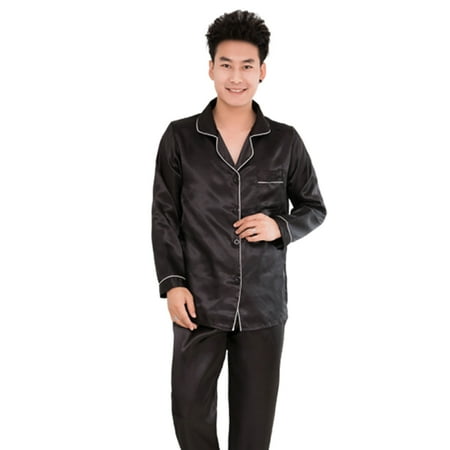 

Yoone Silk Satin Men Pajamas Set Fashion Sleepwear Couple Solid Color Long Sleeve Suit