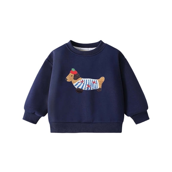 VNKIDY Boys Girls Sweatshirt Kids Festive Dachshund Embroidery Crewneck Sweatshirt Long Sleeve Soft Loose Fit Pullover For Adorable Casual Daily Wear Activities Stylish Top