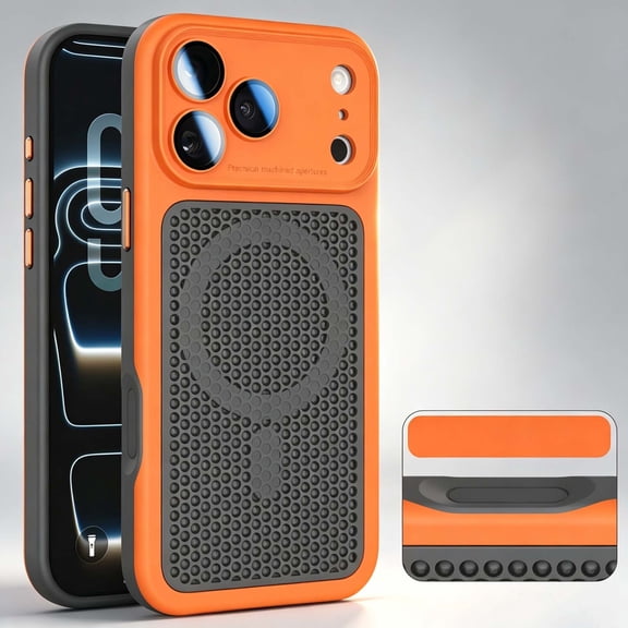 For iPhone 12 Pro Max Phone Case,Compatible with Mag-Safe,Porous Structure Back Heat Dissipation Cover,Ultra Slim Shockproof Non-Slip Drop Protection,Two-color Slim Phone Case,Orange