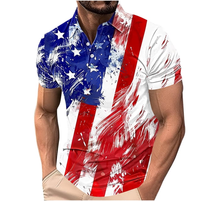 Jgppe Golf Shirts for Men Plus Size Lightweight Print Short Sleeve Collared Button up Summer Independence Day Tops