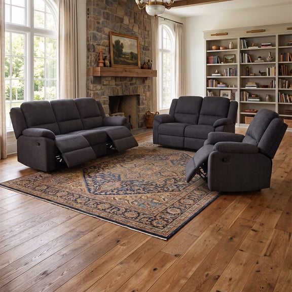 Black 3-Piece Reclining Sofa Set - 3-Seat Couch, Loveseat & Single Recliner