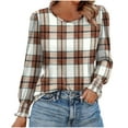 thumbnail image 2 of EchfiProm Womens Puff Sleeve Tops T-Shirts Plaid Pullover Brown Fall Crew Neck for Women, 2 of 5