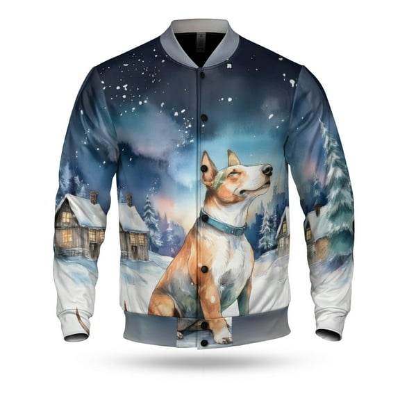 Hello Winter Bull Terrier Welcome Snowy Night Watercolor Vintage All Over Print 3D Baseball Jacket Bully Dog Lovers Gifts Idea Bomber Jacket Softball - 01011
