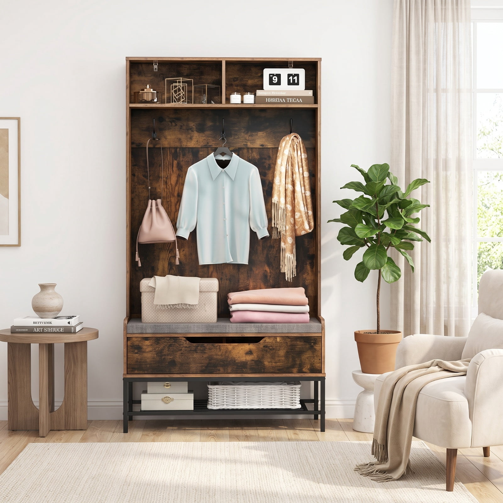 Furnibear 69 Inch Tall Hall Tree 4 in 1 Coat Rack with Cushioned Bench and Shoe Storage and Hooks for Entryway and Foyer, Rustic Brown