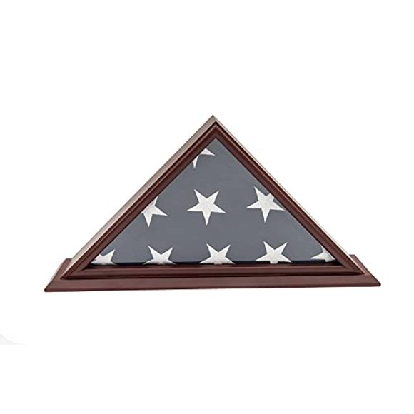 DECOMIL Vitrine Drapeau 5x9 pour Drapeau de Tombe Américain Vétéran - devant en Verre Véritable, Bois Massif, Finition Cerisier, Monté au Mur - Boîte à Ombre Drapeau Plié