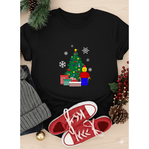 Lego Man Around The Christmas Tree Holiday Fun Winter Scene Unisex T-Shirt up to size 5XL