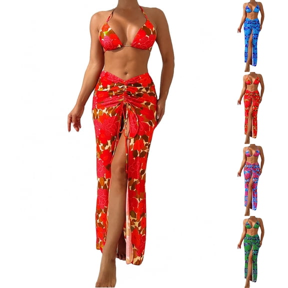 Women's Three Piece Swimsuit Set Floral Print Split Skirt Straps Sexy Two Piece for Beach Vacation,Blue,L