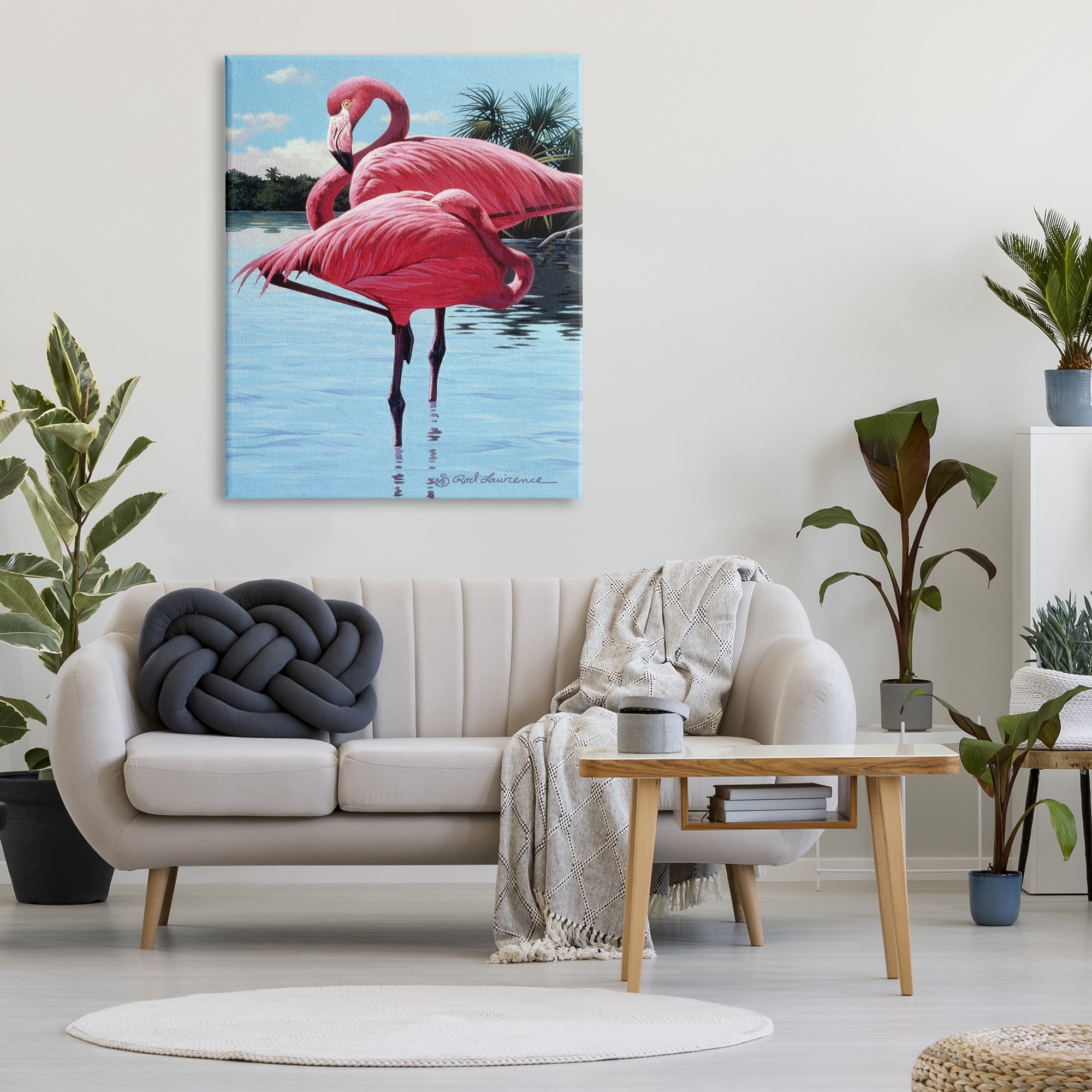 Stupell Industries Flamingos Balancing on Shore Animals & Insects Painting Gallery Wrapped Canvas Art Print Wall Art, 36 x 48