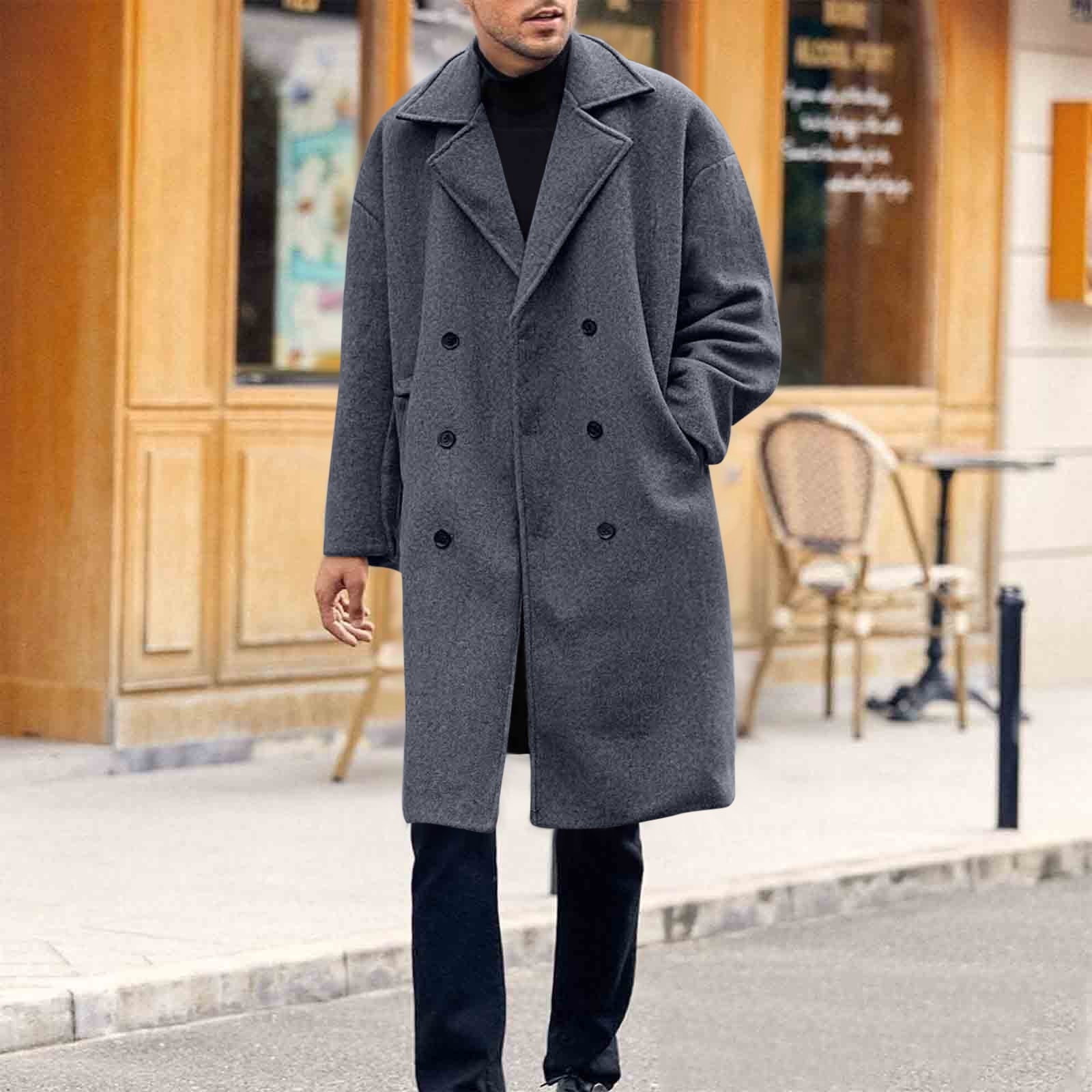 BRGZLK Men Solid-Color Woolen Mid Length Double Breasted Casual