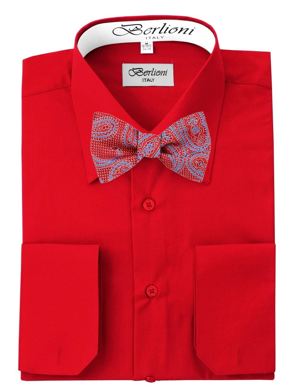 Men/'s Berlioni Business French Cuff Tie Set White Dress Shirt And Red Tie