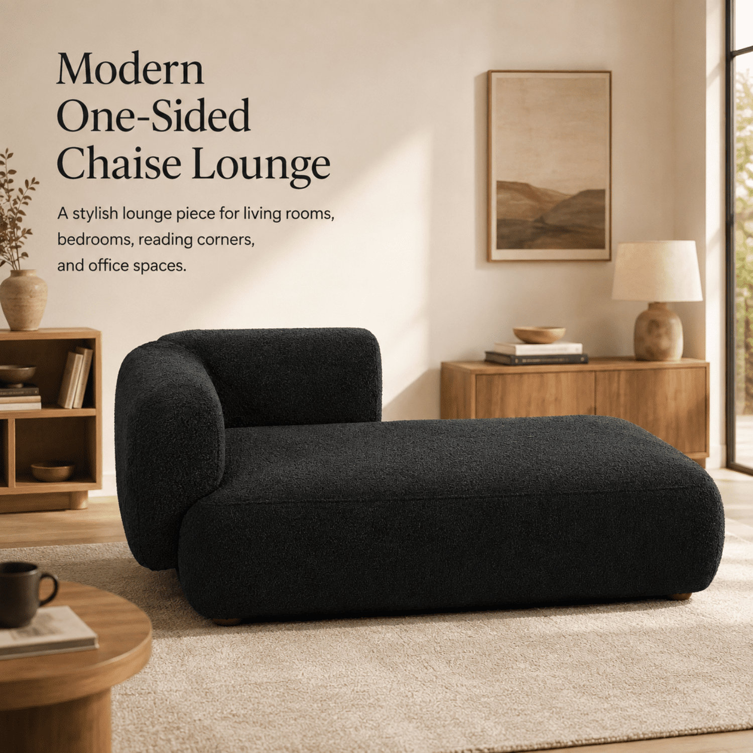 Miniyam Boucle Chaise Lounge Chair, One Arm Upholstered Chaise Sofa with Single-Sided Back and Legs for Living Room, Black