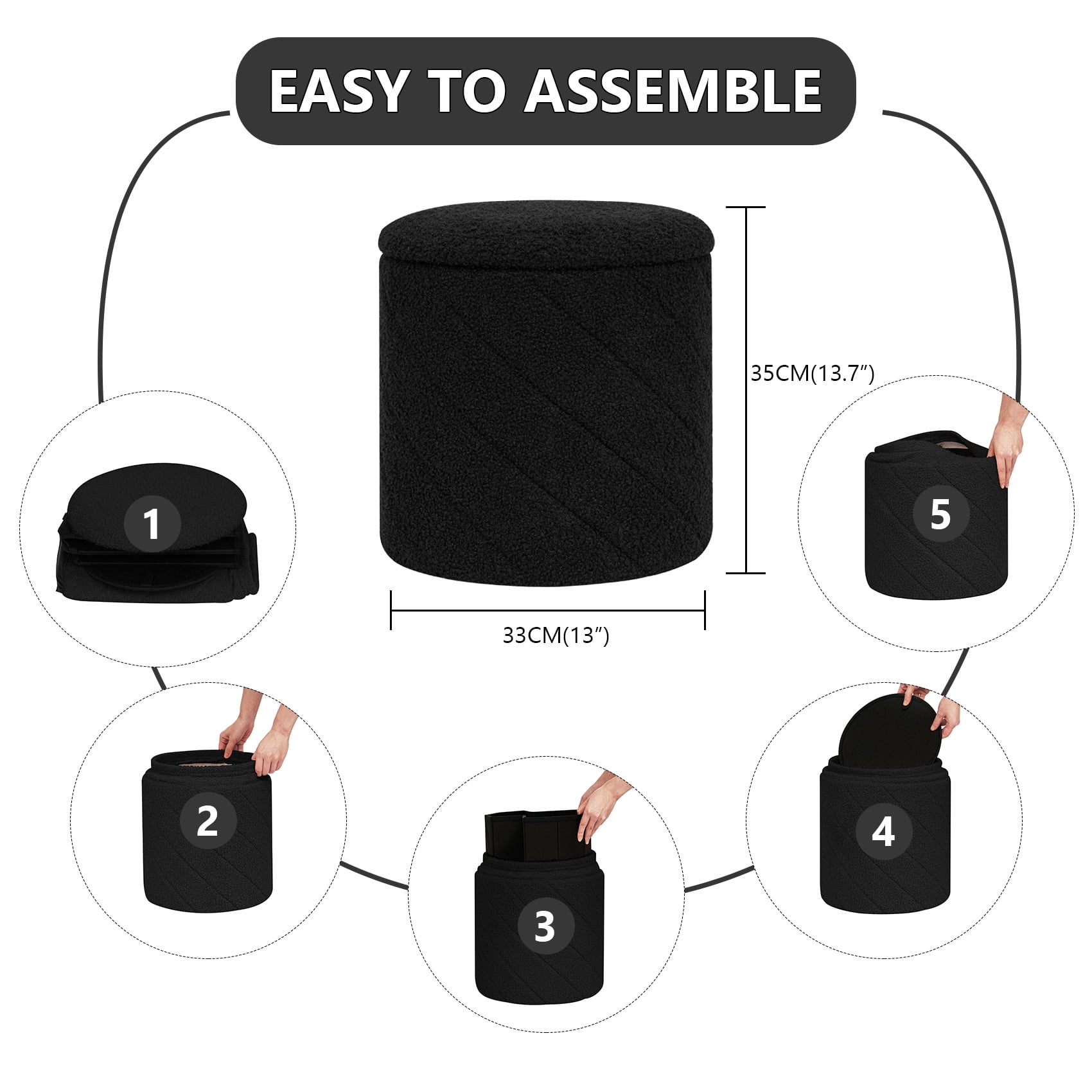 PINPLUS Small Storage Ottoman with Tray Collapsible Foot Rest Stool Seat for Living Room Black,Sherpa Fabric