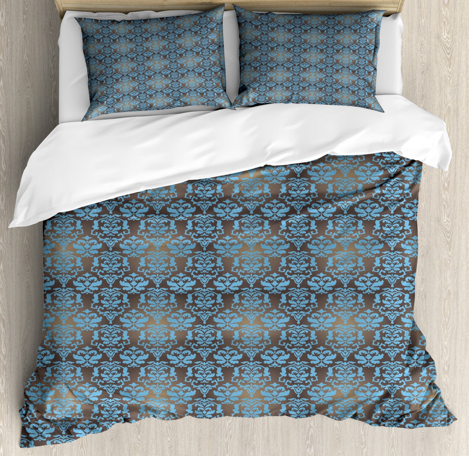 Brown and Blue Queen Size Duvet Cover Set, Ancient Damask Motifs with Grandiloquent Baroque ...