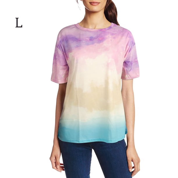 Camiseta de mujer Cuello redondo Manga corta Top Blusa estampada con efecto tie-dye, Rosa, L seitruly AP002435-12