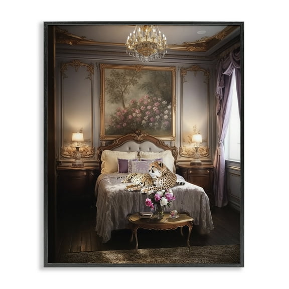 Stupell Industries Cheetah on Regal Bed Animals Painting Black Framed Art Print Wall Art, 11 x 14