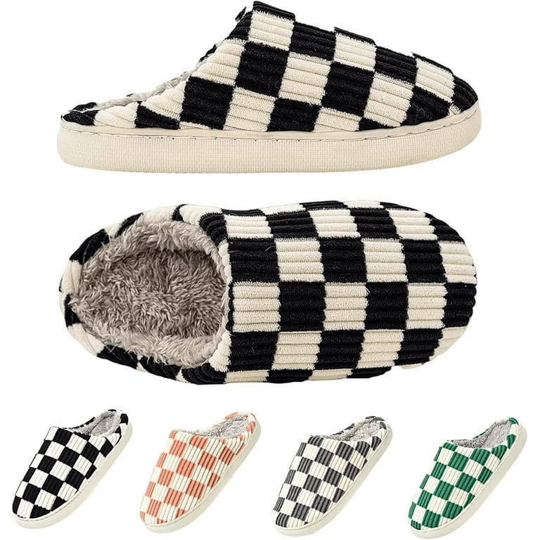 House Slippers for Women Men Plush House Shoes Memory Foam Checkered Slippers Womens Casual Fuzzy Bedroom Indoor Outdoor Plaid Shoes with Fur Lining