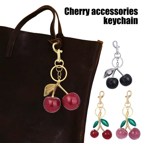Eosunjian Keychain Bag Charm with Golden Shimmering Resin Cherries Hypoallergenic Steel Key Pendant Bag Wallet Accessory Style A