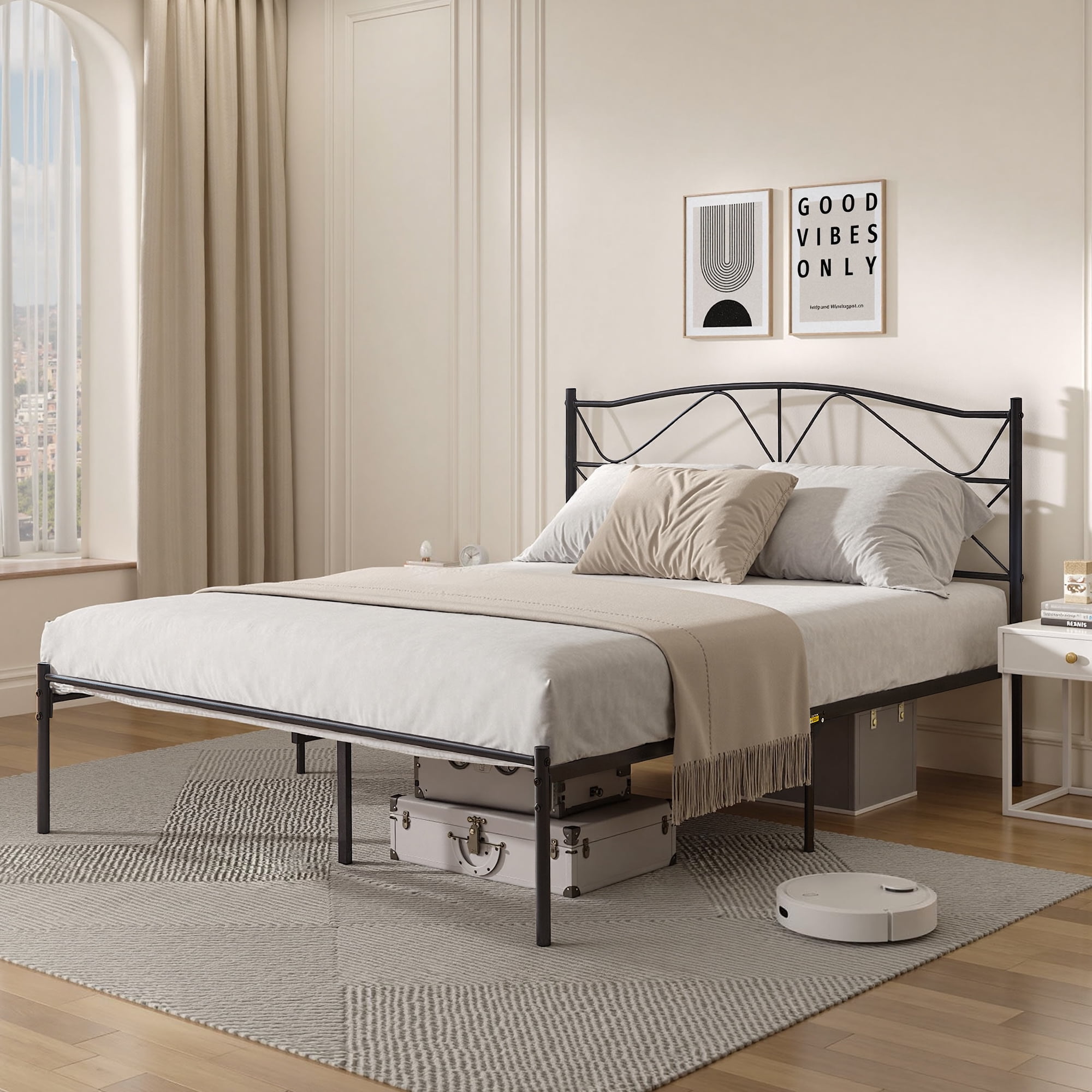 VECELO Queen Size Metal Platform Bed Frame with Headboard, Heavy Duty Steel Slats Support/No Box Spring Needed, Black