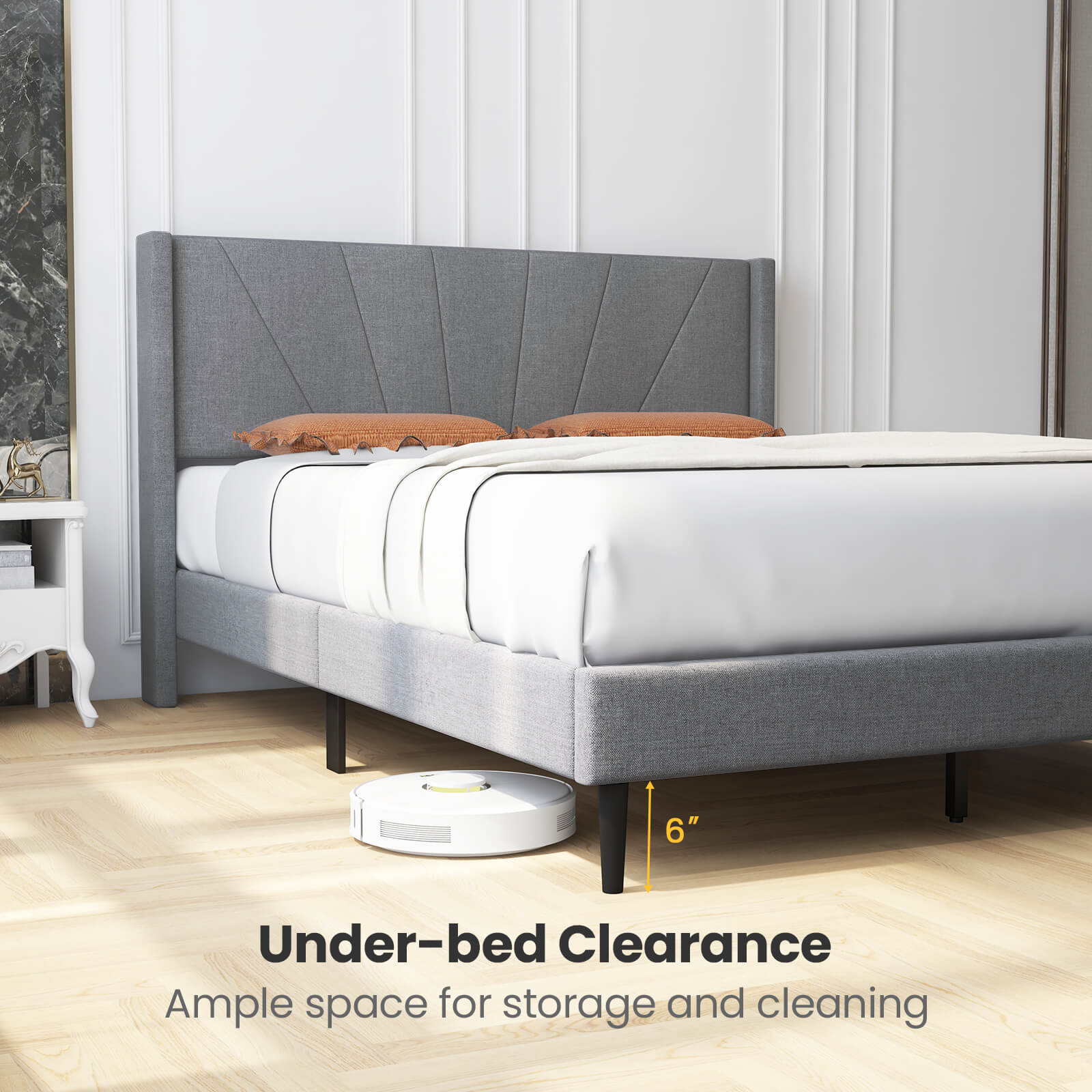 Infans Queen Bed Frame Modern Platform Bed with Linen Upholstered Wingback Headboard