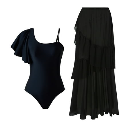 SwiftWear Trendy Ruffle Sleeve Swimsuits with Cover Up Ruffle Skirt 2025 Beach Bikini Swimsuit Set Black L