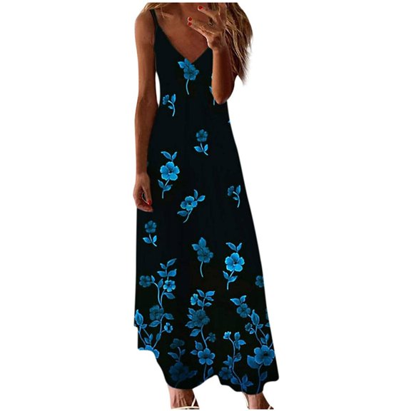 Edvintorg Women Maxi Dress Summer Fashion Printed V-Neck Sleeveless Suspenders Pullover Dress Casual Loose Vacation Dresses On Clearance