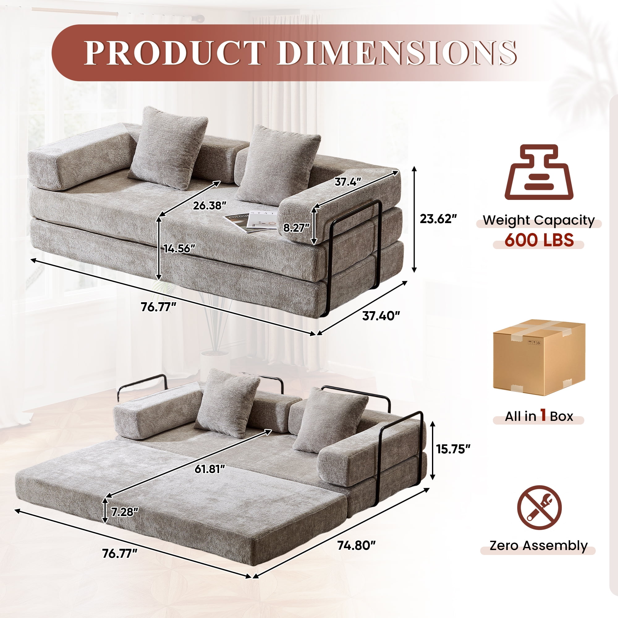 Timbernest 76.8" Folding Sofa Bed, King Size Convertible Sleeper Sofa with 2 Pillows, Chenille Floor Sofa for Living Room, Small Spaces, Light Gray