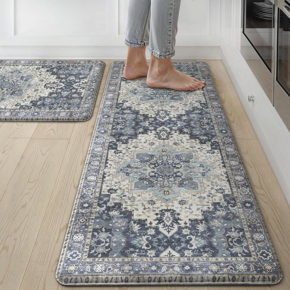 TEMOGU-Kitchen Mats for Floor 2PCS, Washable Anti Fatigue Mat for Cushioned, 17.3"x47"+17.3"x30", Waterproof Kitchen Rugs, Non Slip Comfort Standing Mat Rug for Home, Sink, Laundry, Center Blue