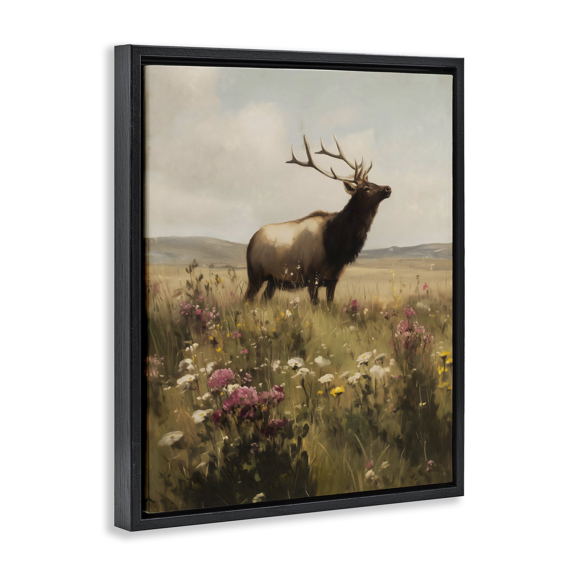 Stupell Industries Elk in the Wildflower Meadow Black Framed Floater Canvas Wall Art, design by Arlington Prints