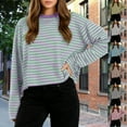 thumbnail image 2 of Dressy Color Block Blouses for Women Long Sleeve Loose Crewneck Striped T-Shirts Pullover Casual Cropped Tops, 2 of 8