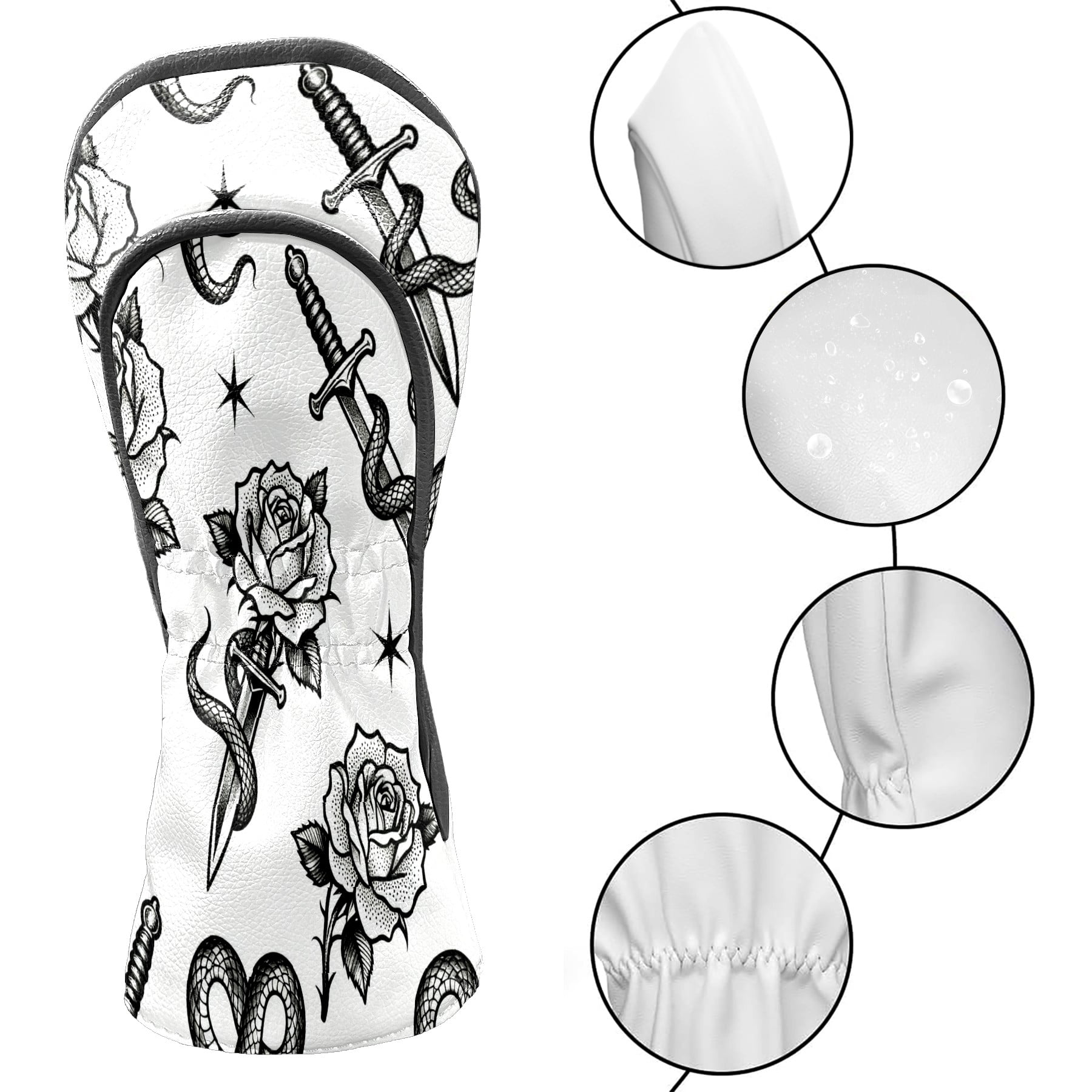 Golf Club Covers, BlackWhite RoseSword Premium PU Leather Driver Hybrid Putter Head Covers with Velvet Lining, Waterproof Golf Gifts for Men Women